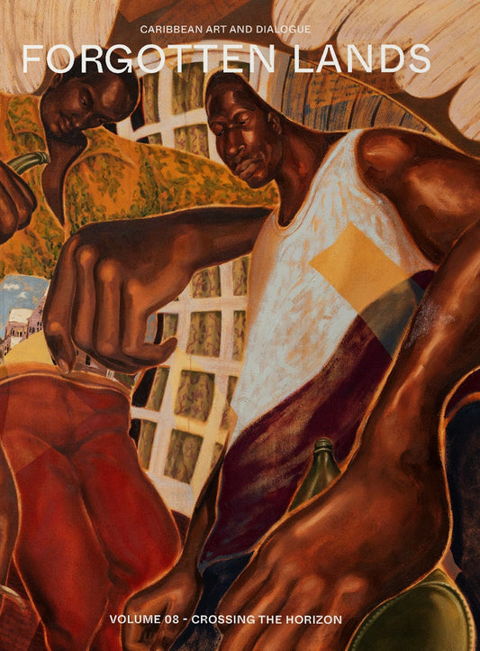 A book cover titled 'FORGOTTEN LANDS' with artwork depicting several Black men in warm earthy tones, shown standing against a light gray wall.